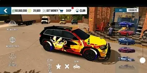 CarX Parking Mutiplayer gameplay feauring a custom SUV with vibrant anime graphics, surrounded by other cars in a virtual garage setting.