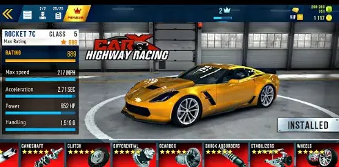 CarX Street vs CarX Highway Racing 3 CarX Highway Racing garage showcasing the Rocket 7C sports car; a key highlight in the comparison of CarX Street vs CarX Highway Racing.